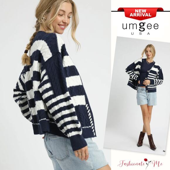 Umgee Stripe Pattern Button-Up Long Sleeves Relaxed Cable Knit Cardigan | Navy - Picture 1 of 6